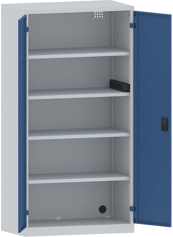 Akku-Ladeschrank, 4 Fachböden, Vollblechtüren, Energieleiste seitlich, grau / blau LISTA