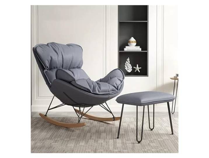 SZITW Freizeit-Sofa-Schaukelstuhl, Schaukelsessel für das Wohnzimmer mit hoher Rückenlehne und Ottomane, Schaukelstühle aus Stoff im Mid-Century-Stil mit Beinen aus Massivholz (Farbe: Grau-2)