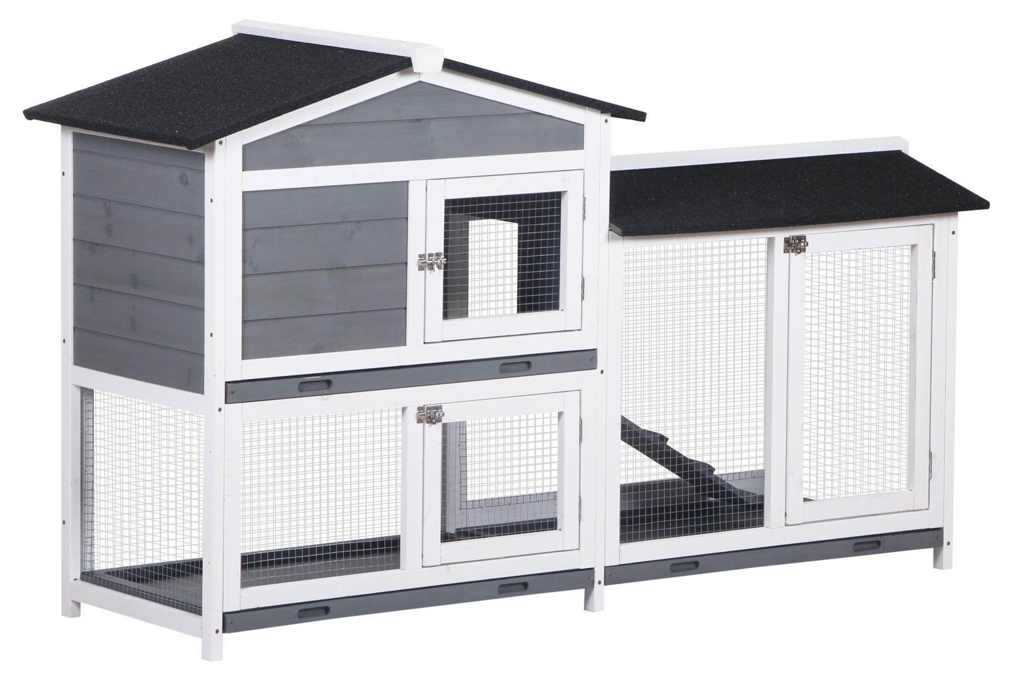Kaninchenstall mit Auslauf und 2 Holzböden Farbe: Grau | Abmessungen: 53x157,4x93,5 cm