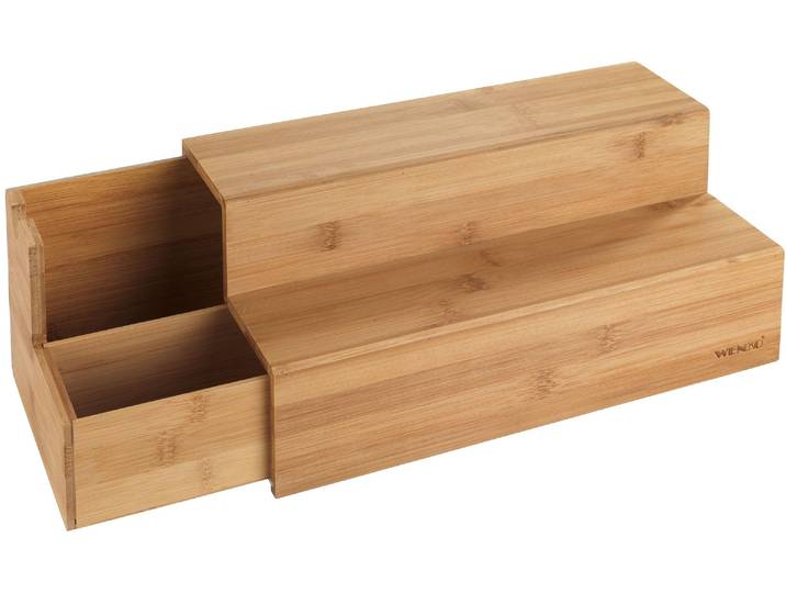 Aufbewahrungssystem WENKO Bambus Treppe , beige (natur), B:15cm H:17,5cm L:33cm, Bambus, Lebensmittelaufbewahrungsbehälter, Aufbewahrungssystem, Küchenregal mit 2 Stufen und Schublade, ideal für die Arbeitsplatte