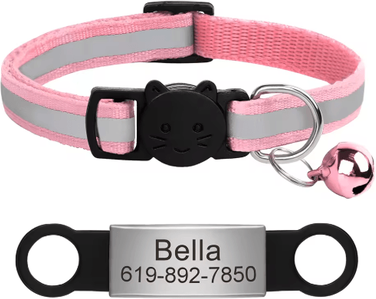 Inspire Picks Personalized Reflective Cat Collar With Engraved ID Nameplate & Bell pink 88
