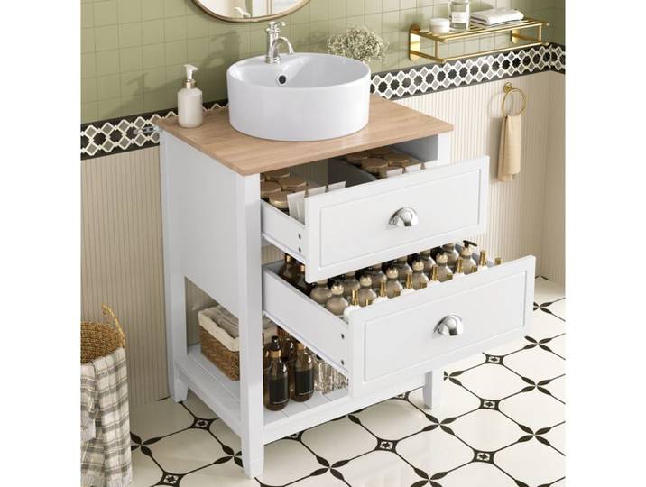 HOMVRA Meuble sous vasque avec vasque ronde en céramique 2 tiroirs niche ouverte blanc et bois naturel