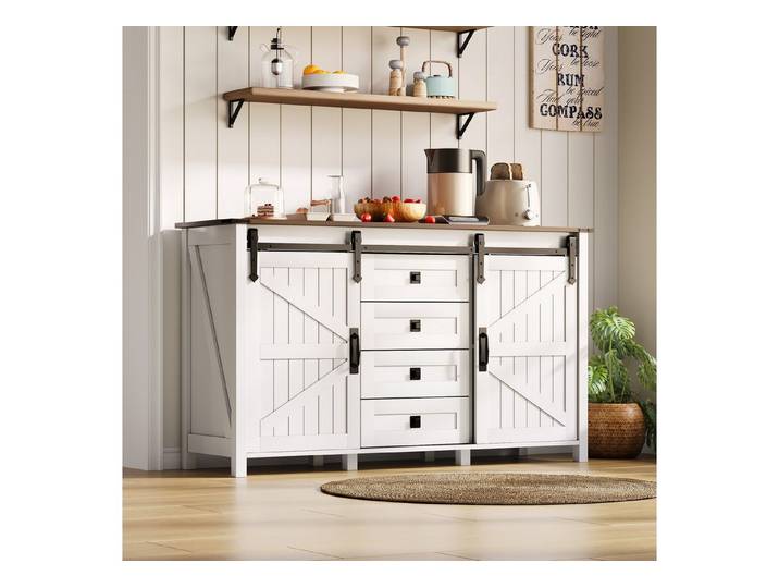 IDEASY Sideboard Sideboard 137cm weiß mit Schiebetüren & 4 Schubladen