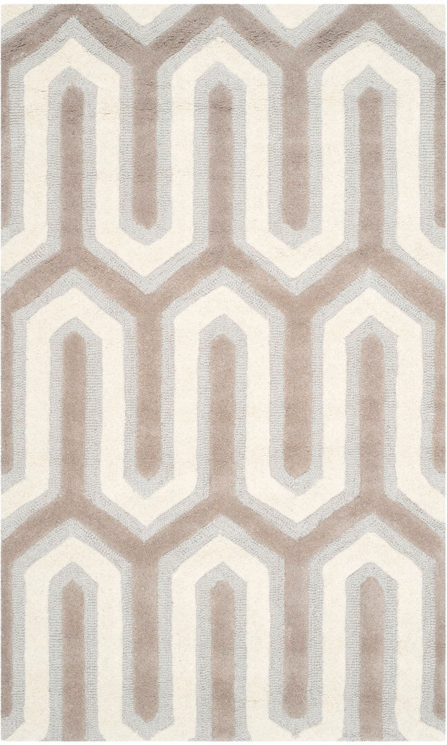 Corrigan Studio Altair Geometric Wool Hand Woven Area Rug Light Grey/Ivory Rectangle 91 x 152cm