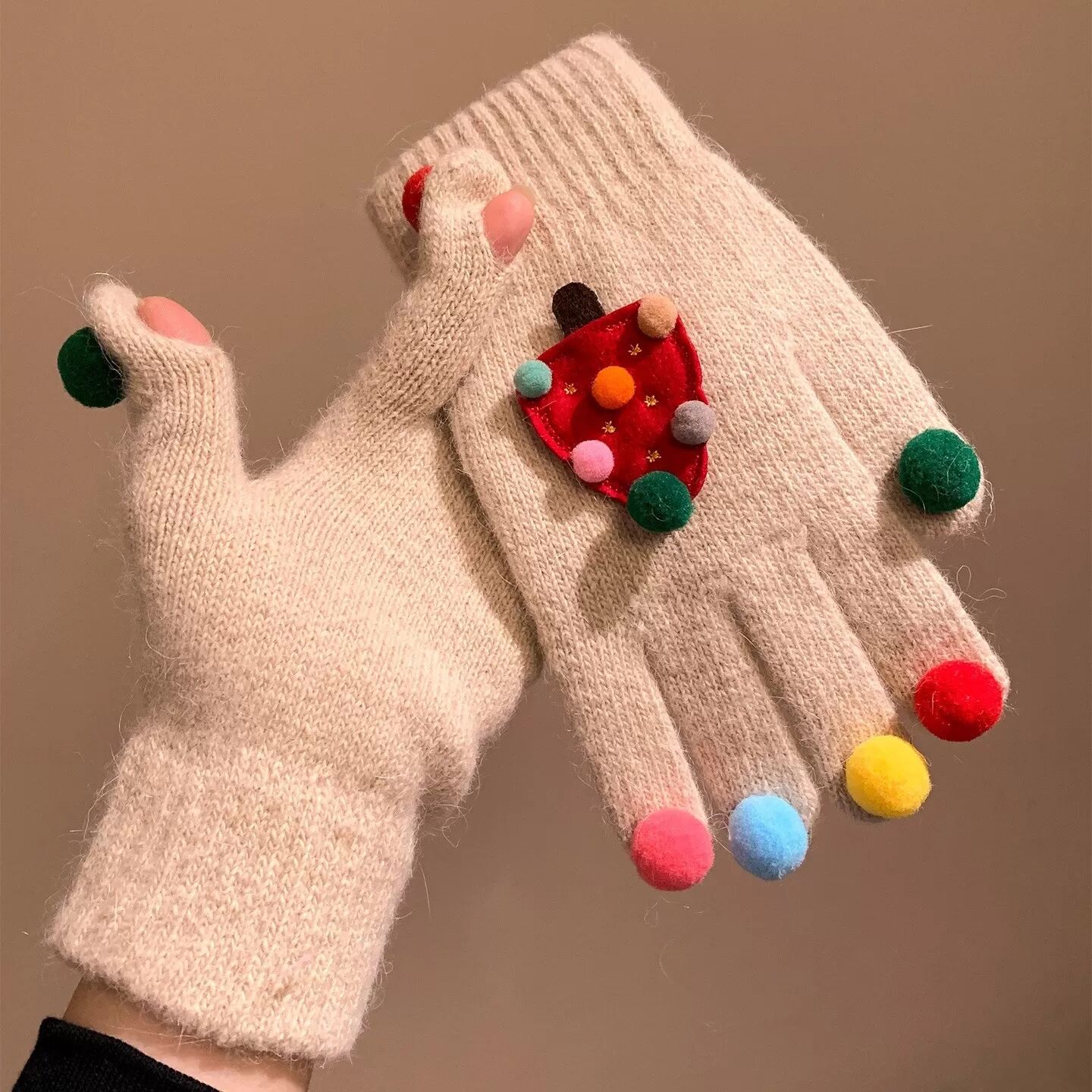 INF Weihnachtsbaum Winter Niedliche Kreative Fünf-Finger Warme Strickhandschuhe Khaki