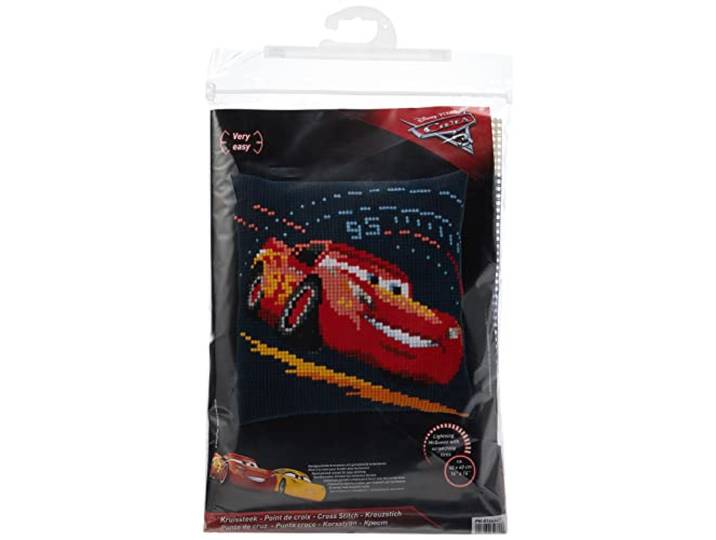 Vervaco WD kruissteekkussen Lightning McQueen kruisstikverpakking voorgedrukt, stram, wit, 40 x 40 x 0,3 cm