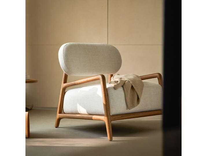 Sessel aus massivem Mindiholz - Beige - Fabric