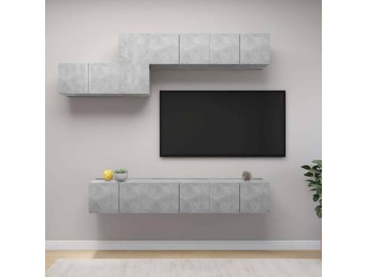 HEFZGDB 7-TLG. TV-Schrank-Set Betongrau Holzwerkstoff mit modernem Design und großem Stauraum, robuste Hängeschränke für Wohnzimmer, Wandmontage, mehrere Fächer zur Aufbewahrung,