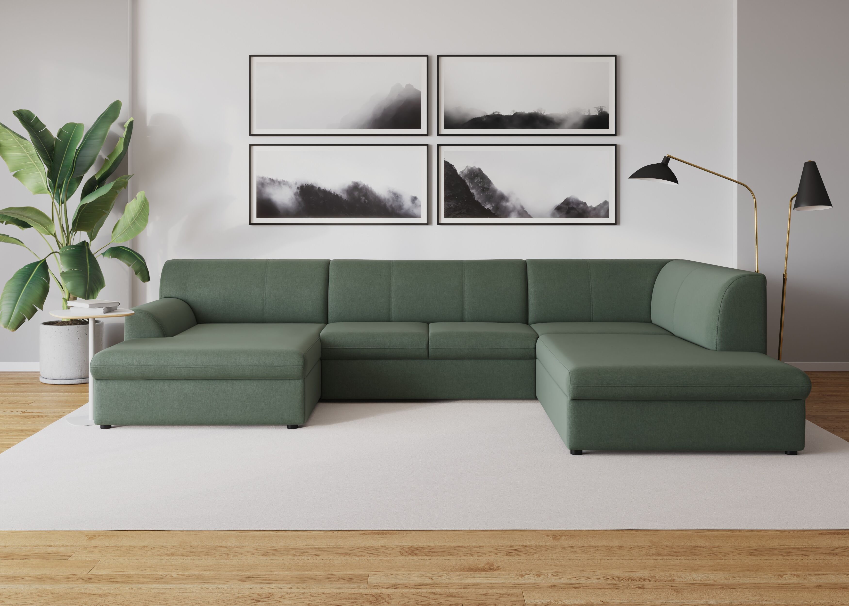 Wohnlandschaft DOMO COLLECTION "Topper, elegant & zeitlos, Breite 320cm, komfortabel, U-Form", grün (apfelgrün), B:320cm H:78cm T:213cm, Sofas, Wohnlandschaft, wahlweise mit Bettfunktion apfelgrün B/H/T: 320cm x 78cm x 213cm, Chenille, Ottomane rechts, Mi