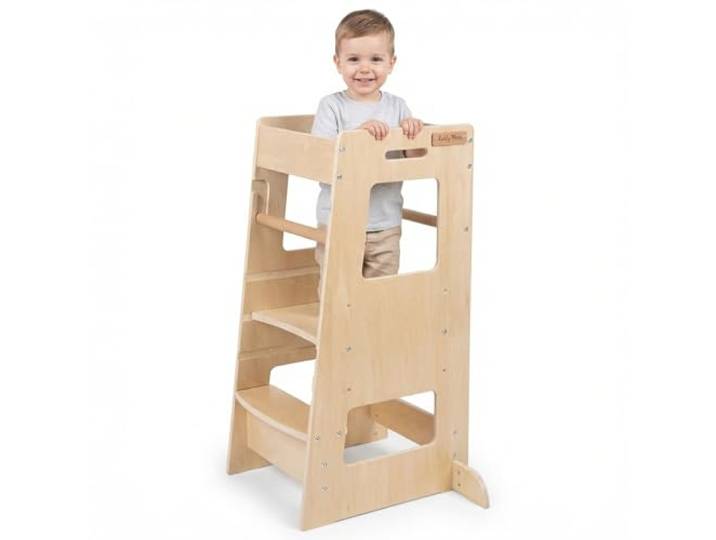 KiddyMoon Lernturm Für Kinder Ab 1 Jahr, Anti-Kipp-Schutz, 3-Fach Höhenverstellbar, Schutzbügel, Montessori Küchenhelfer, Natürlich