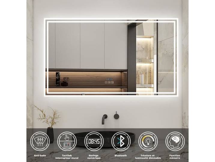 Miroir de salle de bain - LED - 160x80cm - Anti-buée - Bluetooth - Horloge numérique