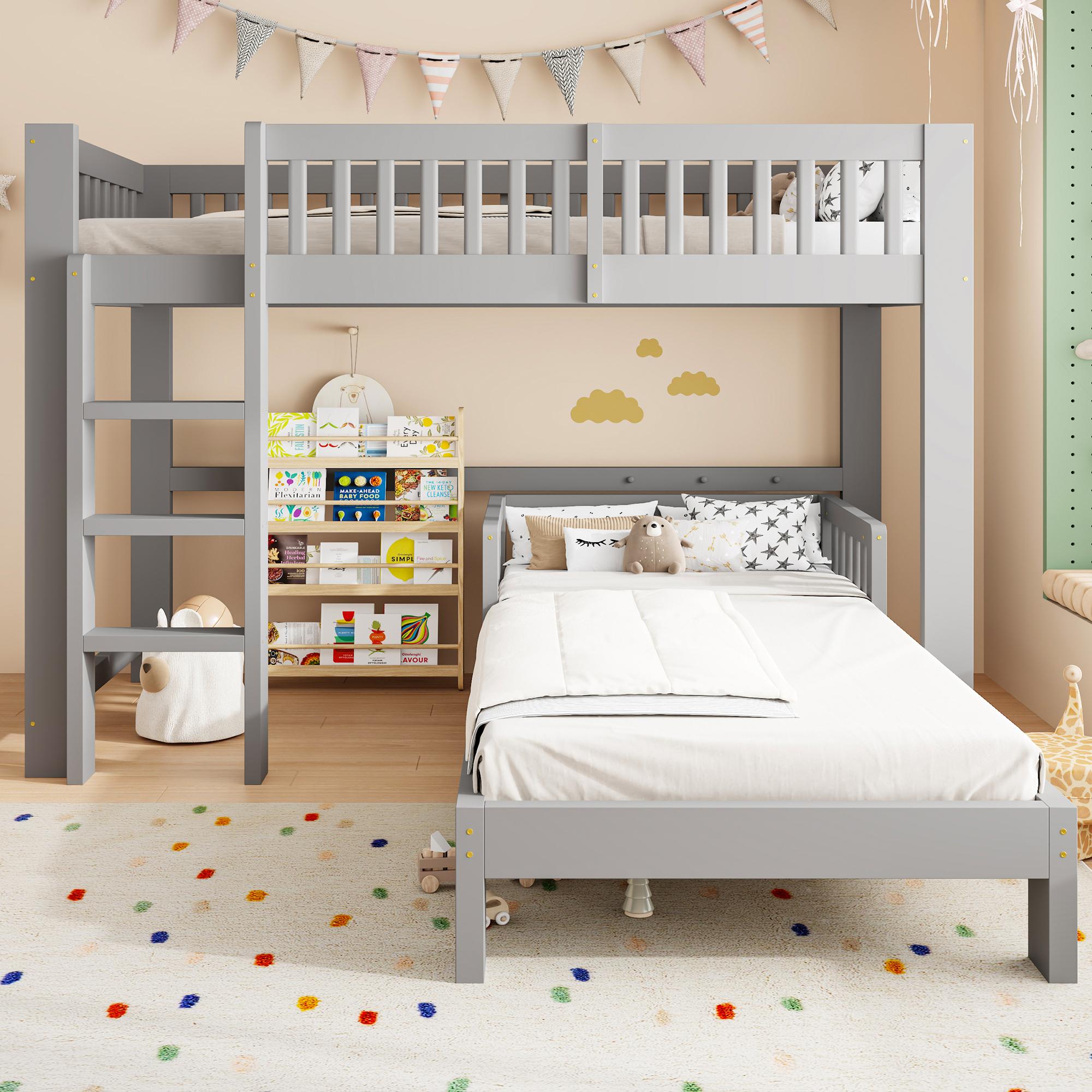 Massivholz-Kinderbett-Set 90x200, Hochbett + Einzelbett kombinierbar, Absturzsicherung, abgerundete Kanten