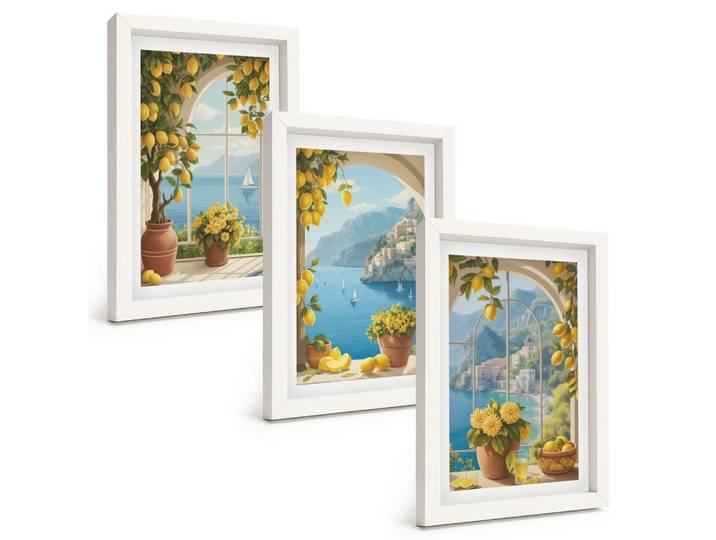 BILDER SET 3er Set - 20x30 cm Weißer Rahmen - Meereslandschaften, Zitronen, Fenster