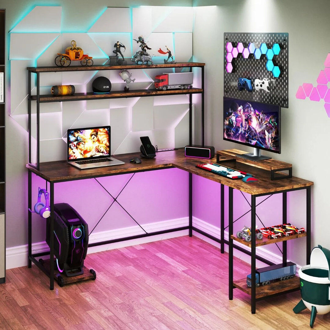 Inbox Zero L-Shaped Computer Desk with Built-In Electrical Outlet Brown 147cm H X 145cm W X 145cm D