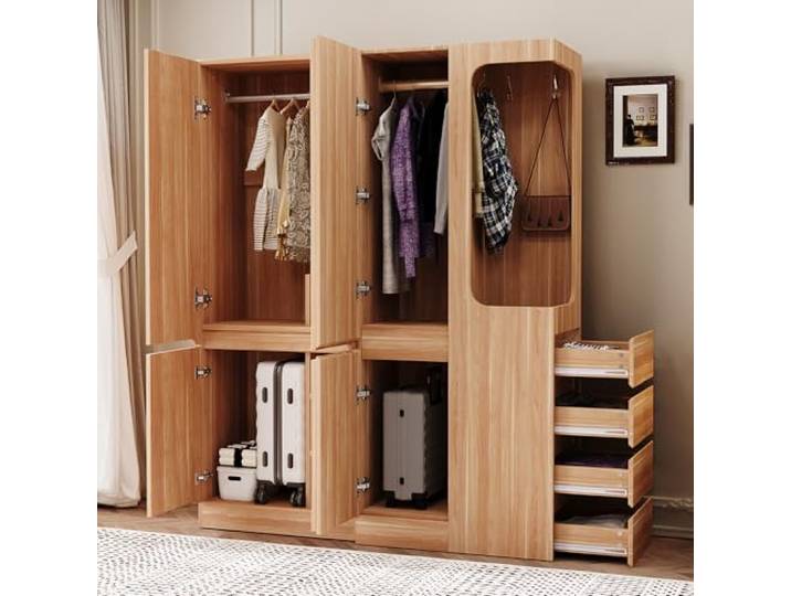 Merax großer Kleiderschrank 140x40x170cm, mit Doppeltür & Einzeltür, Schubladen und Staufächern, offener Kleiderbereich, pflegeleicht, Holzfarbe (auf der rechten Seite)