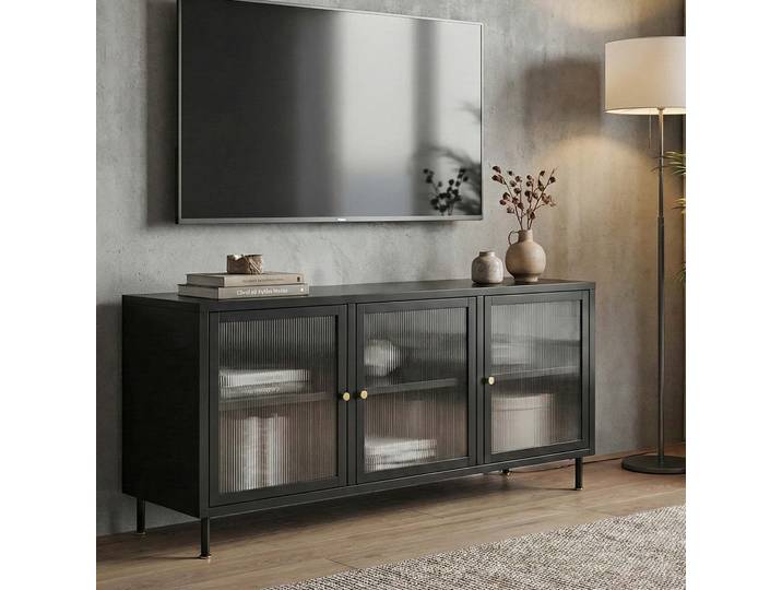 TV-Rack HWC-O87, Lowboard TV-Schrank Sideboard Türen Staufächer Industrial Metall Schilfglas 58x120x40cm Schwarz