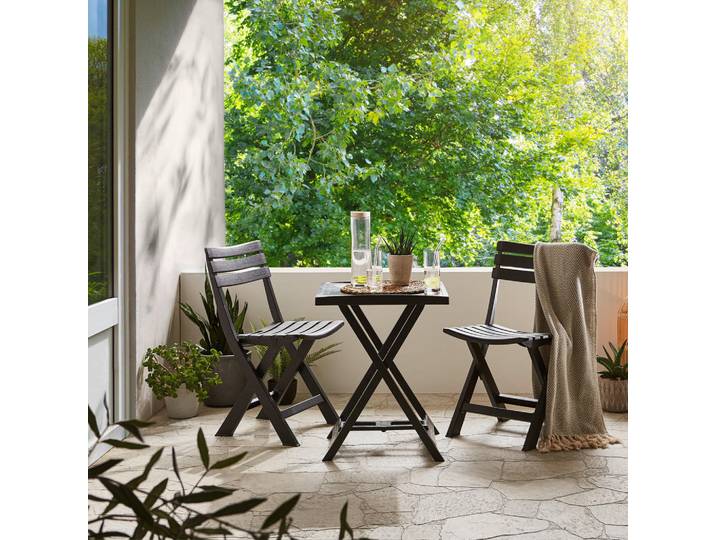 Balkonset, Anthrazit, Kunststoff, 3-teilig, eckig, Tisch klappbar, wetterbeständig, Stuhl klappbar, platzsparend verstaubar, Gartenmöbel, Balkonmöbel, Balkonmöbel-Sets