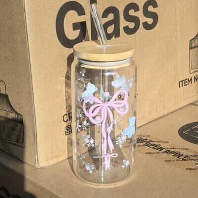 Multicon Wholesale Hub Cherry Bow Glass Tumbler Mason Jar Style Water Bottle With Lid Straw For Iced Coffee Juice bow Bear