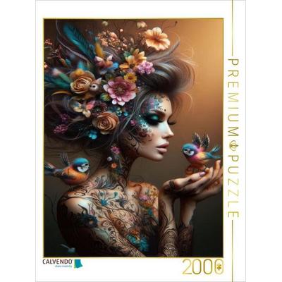 CALVENDO Puzzle Portrait einer Frau mit orangenen organischen Haarschmuck und Paradiesvögeln auf der Hand | 2000 Teile Lege-Größe 90x67cm Foto-Puzzle,