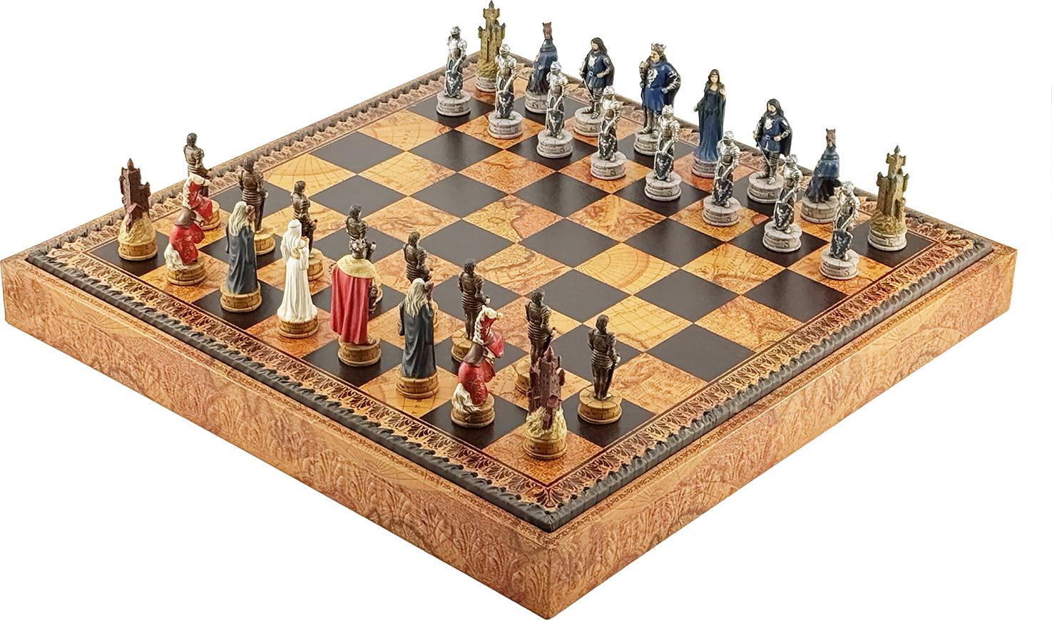 Italienisches Schachset: "König Artus"-Figuren + Kunstleder-Schachbrett mit historischem Weltkarten-Design (48 cm)