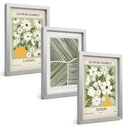 BILDER SET 3er Set - 20x30 cm Silberner Rahmen - Blumenmuster London Dublin