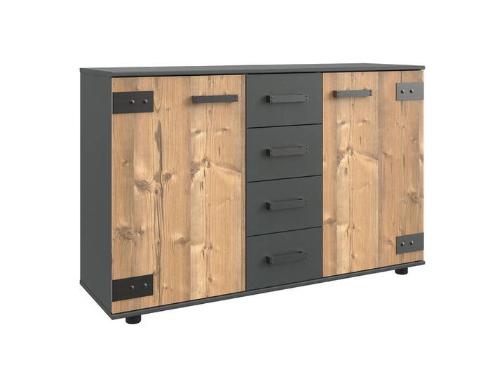 Lomadox Kommode SUNDERLAND-43, graphit grau Fichte Industrial Design Kommode 130x83x41 cm