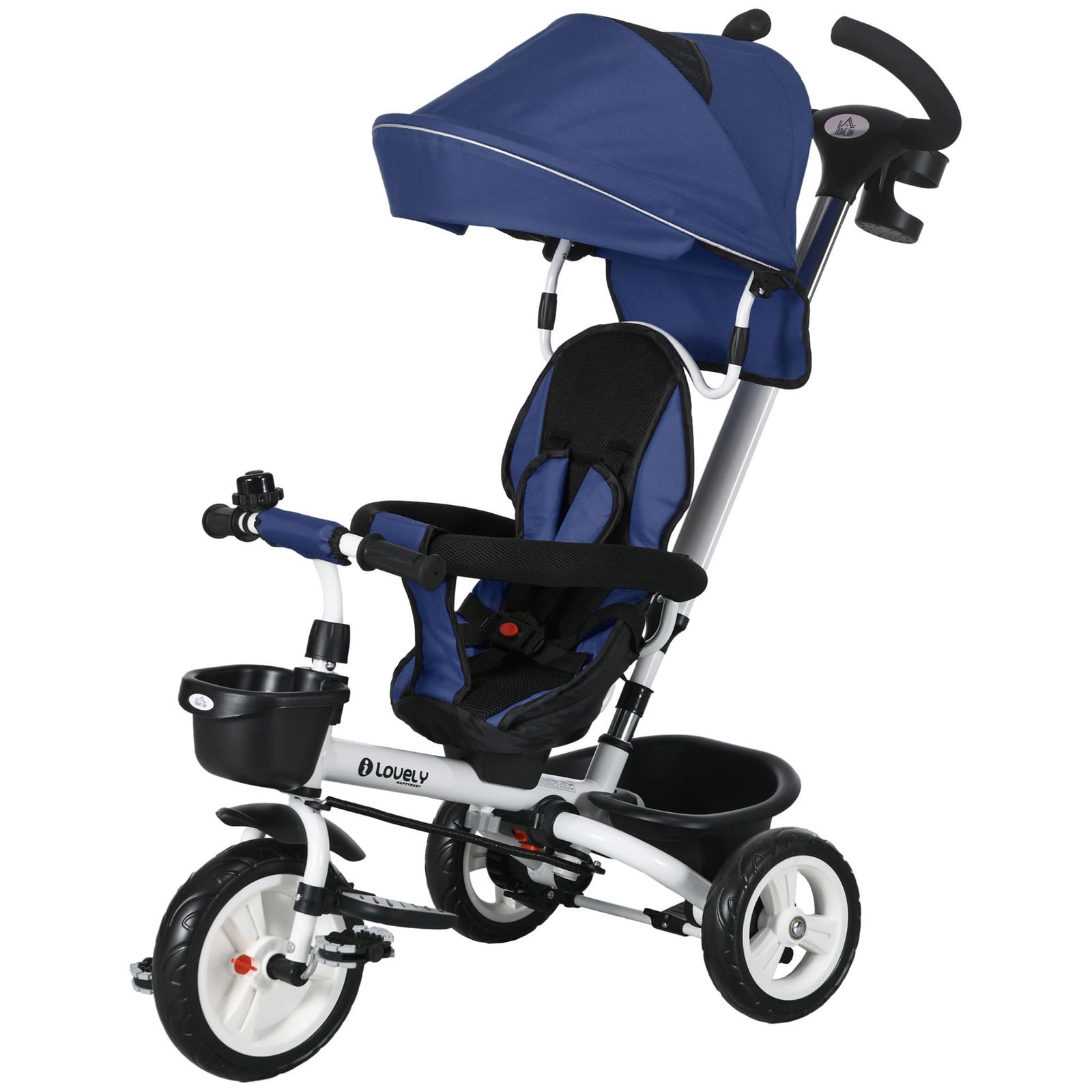HOMCOM 6-in-1 Kinderdriewieler met duwstang en dak, donkerblauw