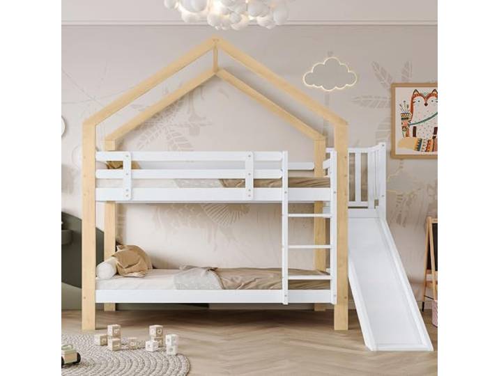 Elaimoros Etagenbett mit Rutsche und dreistufiger Winkelaufstiegsleiter, Hausbett mit Absturzsicherung, Kinderbett, Bettrahmen aus Massivholz, Weiß+Natur, 90x200cm
