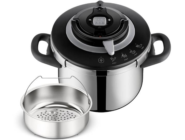 Schnellkochtopf TEFAL Clipso+ CHEF, 6 Liter Dampfkochtopf , grau (edelstahl), B:29cm H:22,7cm L:36cm, Töpfe, Schnellkochtopf, 4 Kochprogramme, 6 Sicherheitsstufen, abnehmbarer Timer
