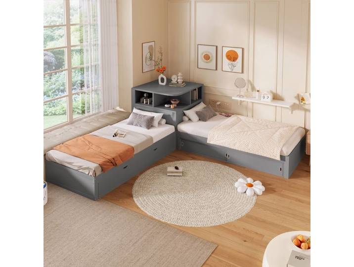 LEMLIT Lit Plateforme 90 x 200 cm en Forme L avec Lit Gigogne Rangement à Portes Coulissantes et Veilleuse Gris