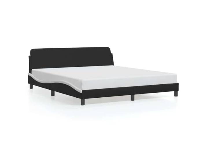 PUGYNBK Bettgestell aus Kunstleder, Schwarz, 180 x 200 cm Gepolstertes Kopfteil, stabile Beine, Holzleisten, gewelltes Design, einfache Reinigung