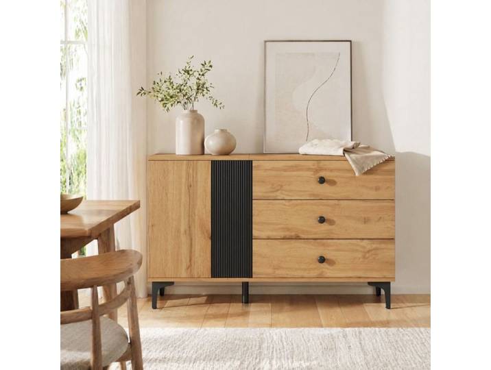Buffet enfilade 120x35x76 cm naturel et noir avec 3 tiroirs porte et pieds métal style scandinave FOLYNA