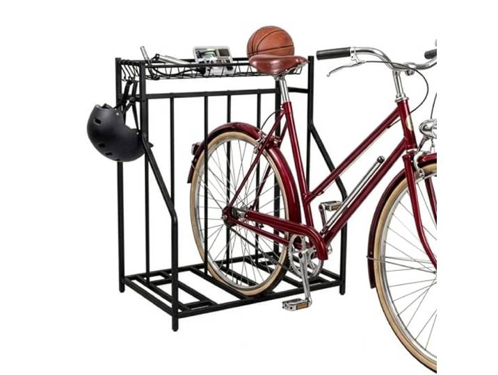 Support à vélos au sol Relaxdays\, 3 vélos\, largeur de pneus réglable 3–11 cm\, panier et 6 crochets\, noir
