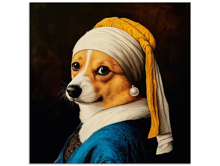 Glasbild ARTLAND Der Corgi mit dem Perlenohrring , bunt (farbe bild(er): schwarz), B:50cm H:50cm, Bilder, Glasbild, in verschiedenen Grössen