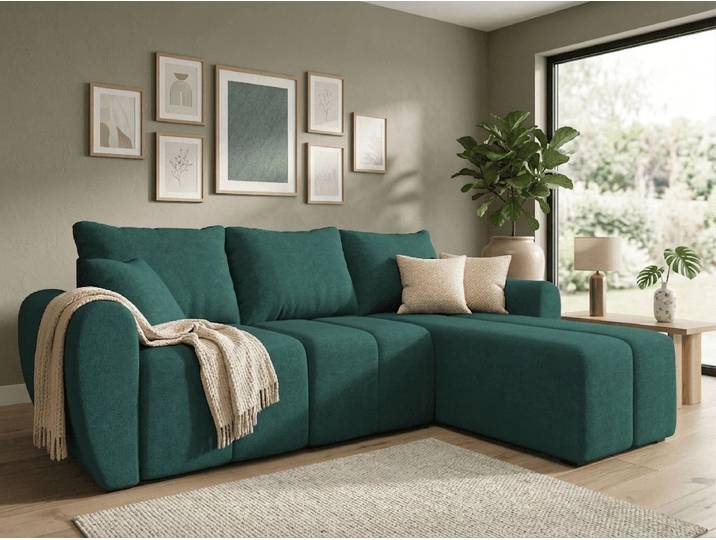Ausziehbares Ecksofa SEVIO 246x145 cm, flaschengrün, beidseitig montierbar + 2 Kissen GRATIS