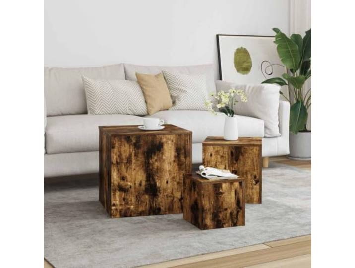 TEKGHUT Beistelltische 3 STK. Räuchereiche Holzwerkstoff Set 3 Stück, Räuchereiche, Holzwerkstoff, glatte Oberfläche, feuchtigkeitsbeständig, pflegeleicht, Montageanleitung inklusive