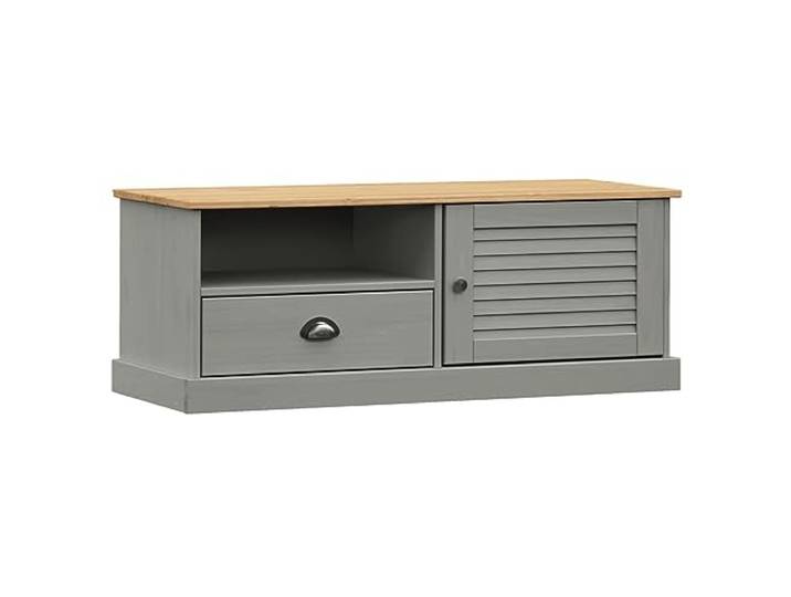 KUPTYERFG TV-Schrank VIGO Massivholz Kiefer Grau 106x40x49 cm Rustikales TV-Lowboard für Wohnzimmer und Schlafzimmer mit geräumiger Schublade, Fach und Jalousietür aus Metall.