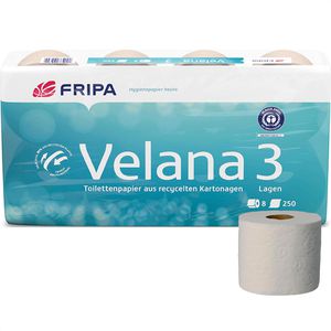 Fripa Toilettenpapier Velana 1530806, natur, ungebleicht, 3-lagig, Recycling aus Kartonagen, 250 Blatt, 8 Rollen