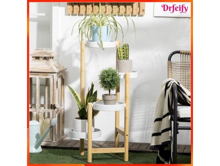 Support pour plantes - AKOZON - 8316 - Bambou & métal - 4 niveaux - Blanc 28x28x80 cm