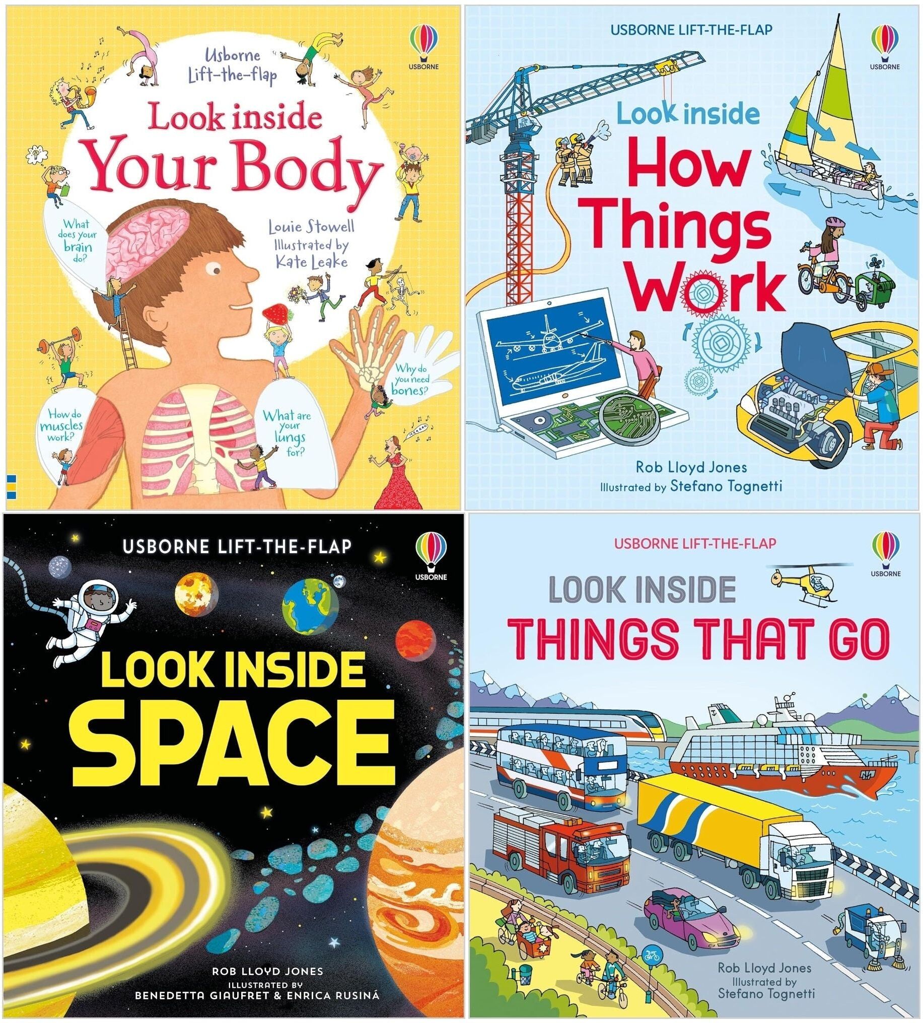 Usborne Lift-The-Flap Look Inside Series 4 Books Set (Your Body, Space, Things That Go, How Things Work)