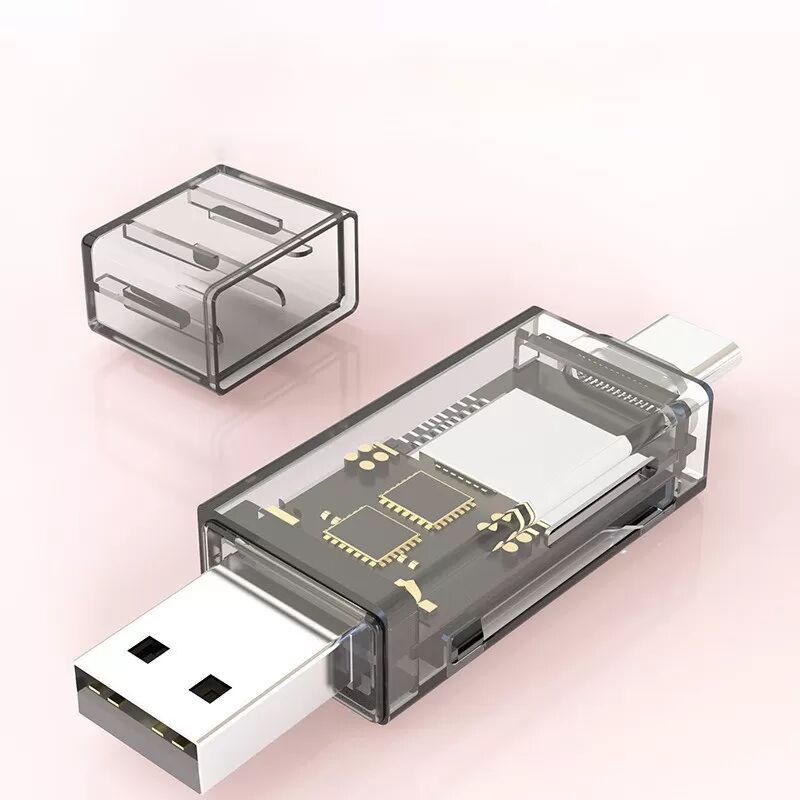 INF Lecteur de carte Type-C + USB double carte SD/TF, transfert rapide, noir transparent
