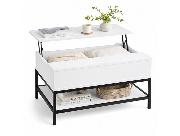Relaxdays Couchtisch Schwarz aufklappbar höhenverstellbar 90x60 cm, Weiß, Metall, 86.5x58x90 cm, Wohnzimmer, Wohnzimmertische, Couchtische