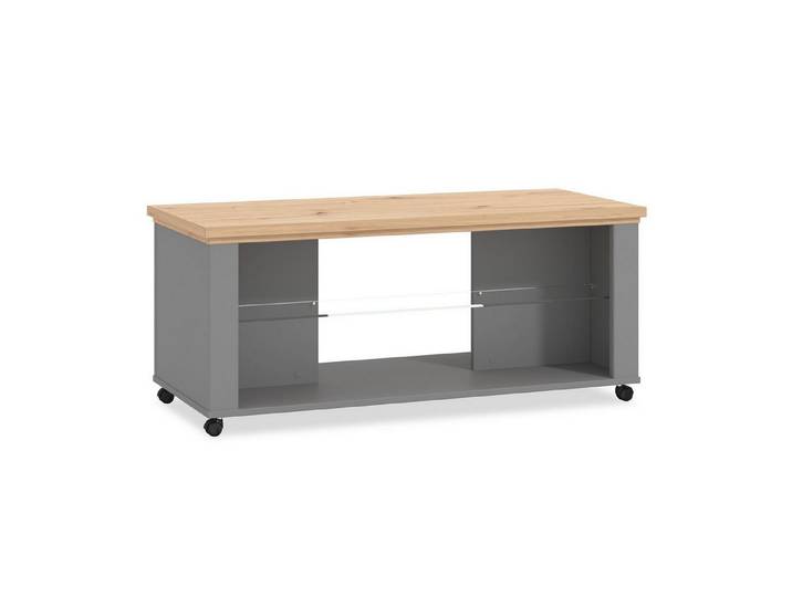 Homestyle4u Couchtisch Wohnzimmer Holz Glas Sofatisch Beistelltisch Tisch Eiche Stauraum, Glasplatte, auf Rollen