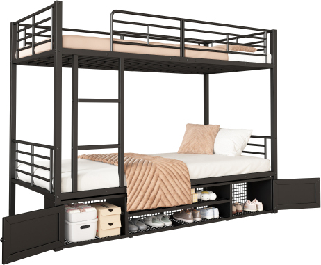 Etagenbett 90x200cm Ohne Matratze Kinderbett Schwarz Eisen Mit Schuhschrank Lagerschrank Seitenleiter Fallschutzgitter