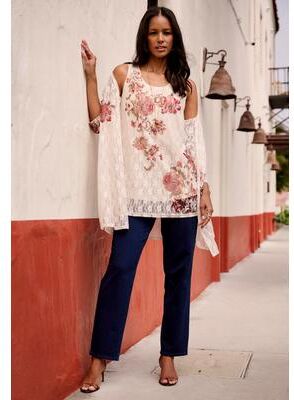 Plus Size Women's Printed Lace Cardigan by Roaman's in Ivory Zinnia Bloom (Size 12)