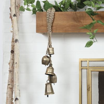 ARCILLA ELEMENTAL Gold, White or Black Metal Tibetan Inspired Cascading Indoor Outdoor Decorative Cow Bells with 5 Bells on Jute Hanging Rope