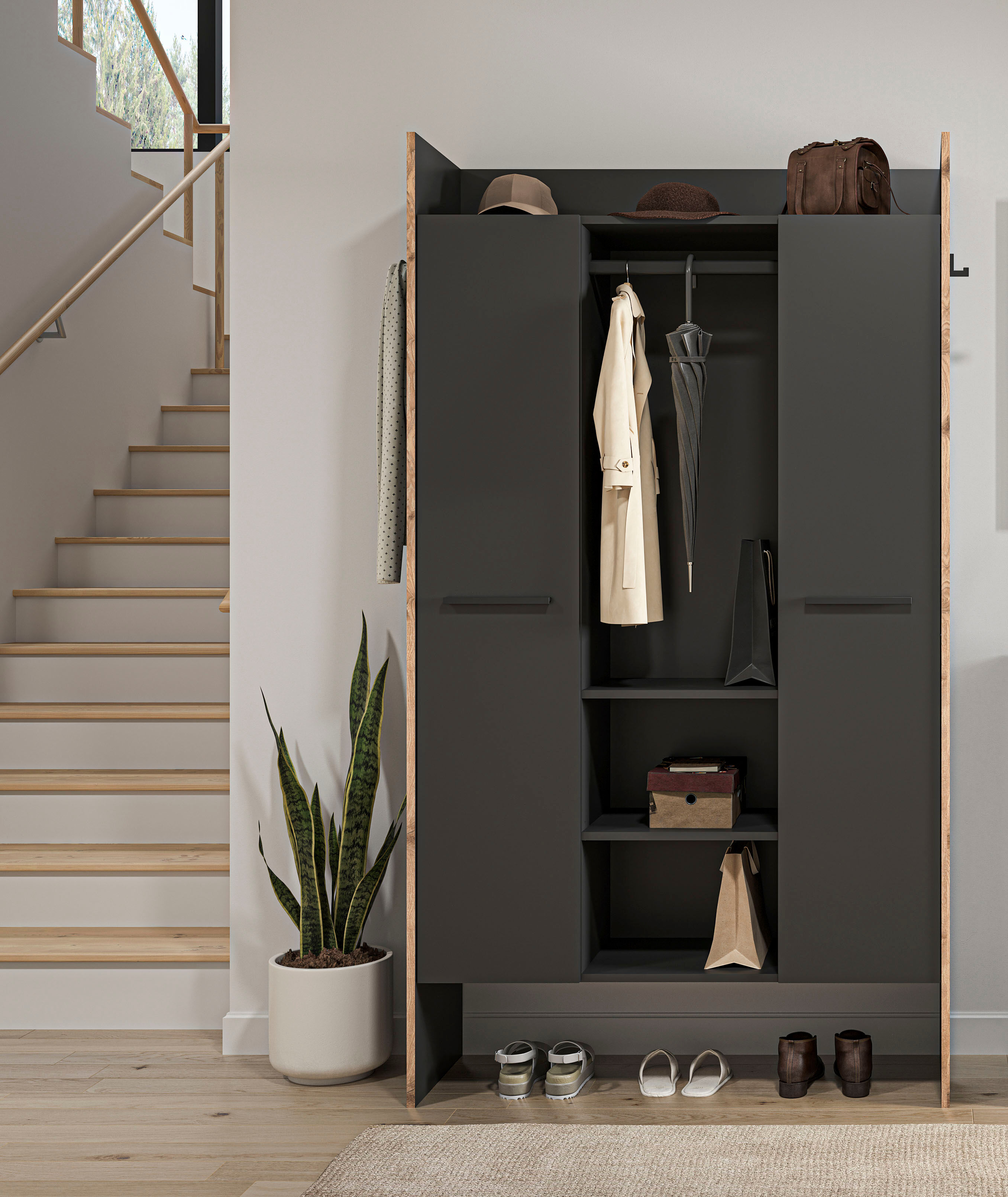 Garderobenschrank HOME AFFAIRE "MUSTA, Breite: 70cm, mit Kleiderstange, 2 Haken, 2 Türen, 1 Hutablage", schwarz (basalt grau, nox oak nachbildung), B:105cm H:190cm T:37cm, FSC-zertifizierter Holzwerkstoff, Schränke, Garderobenschrank, Dielenschrank, Flurs
