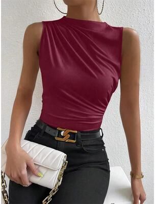 Universal Stock Ruched Mock Neck Tank Top For Women Summer Casual Streetwear claret s