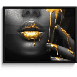 POSTER MIT RAHMEN Frau - Schwarz - Gold - Gesicht - Lippen 80x60 cm