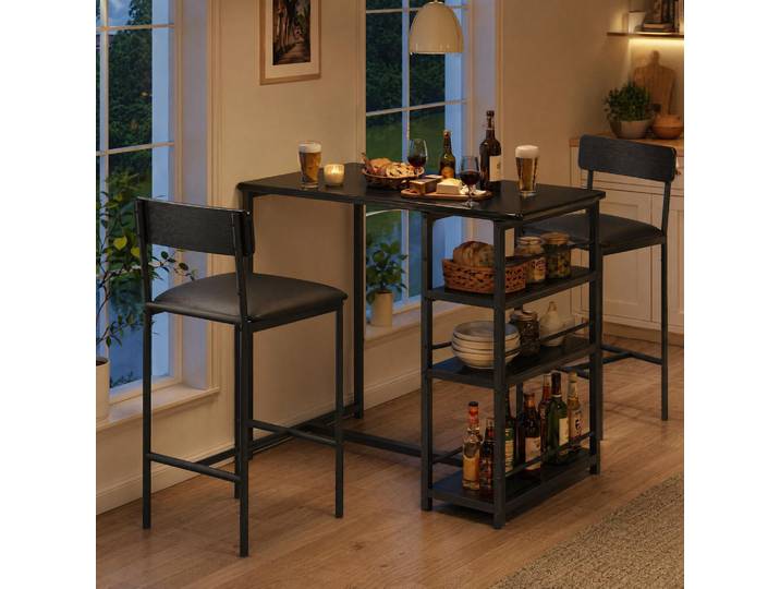 Table de bar avec tabourets pour 2 personnes, table de bar compacte pour cuisine avec rangement et tabourets rembourrés, ensemble de meubles de bar bistro, table haute avec tabourets, noir